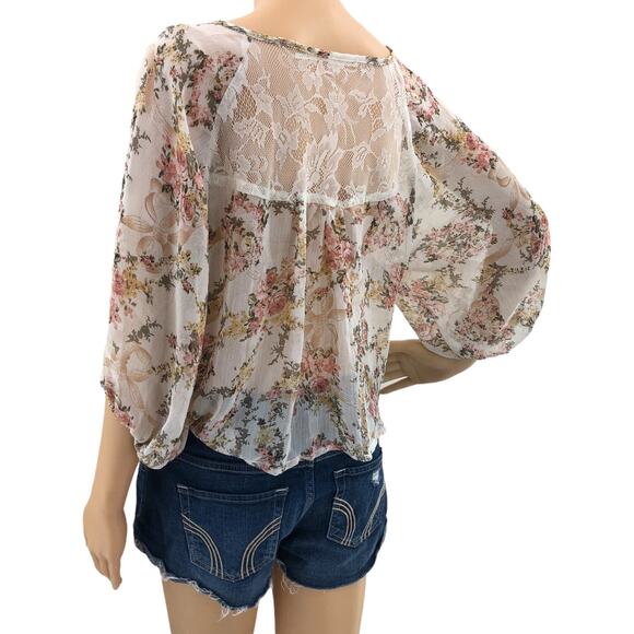 Poetry SMALL Cream Peach Floral Sheer Lace Back Peasant Boho Blouse Crop Top - Picture 4 of 5